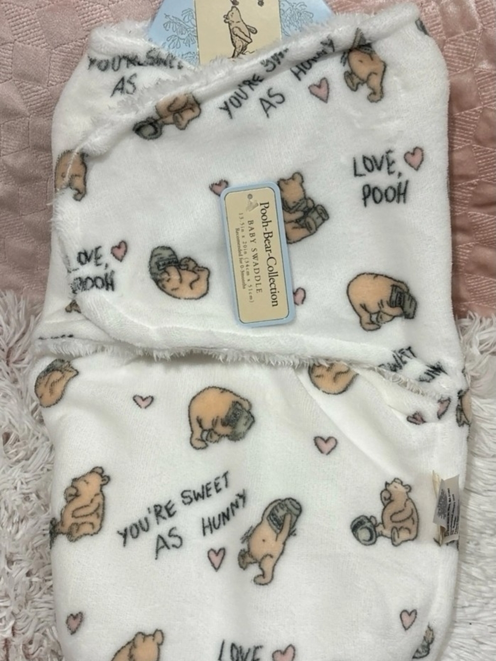 White & Pink Baby Swaddle - Love Pooh Print